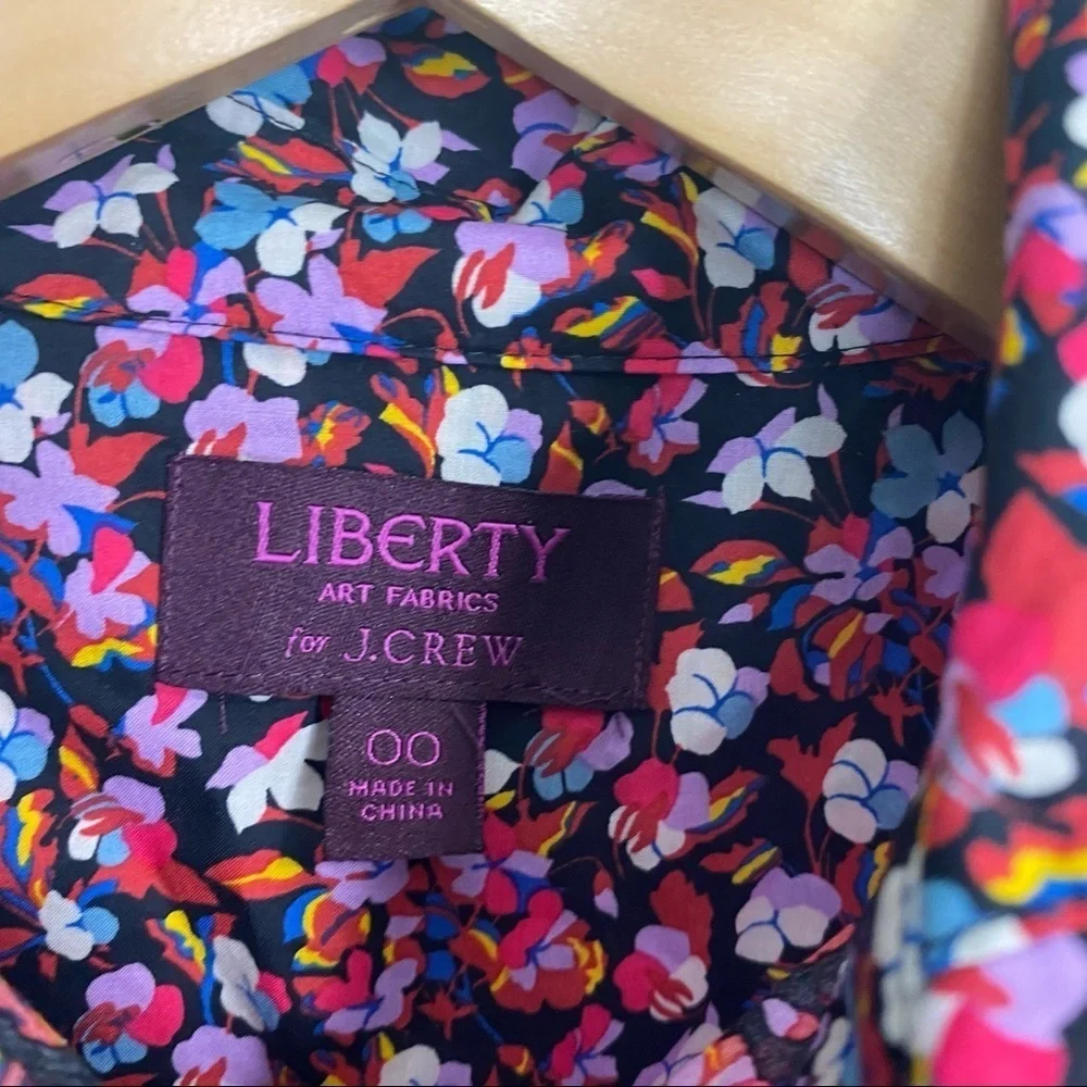 J‎ Crew Liberty Of London Sz 00 Ruffle Collar Shirt Tie Neck Red Pink Floral
